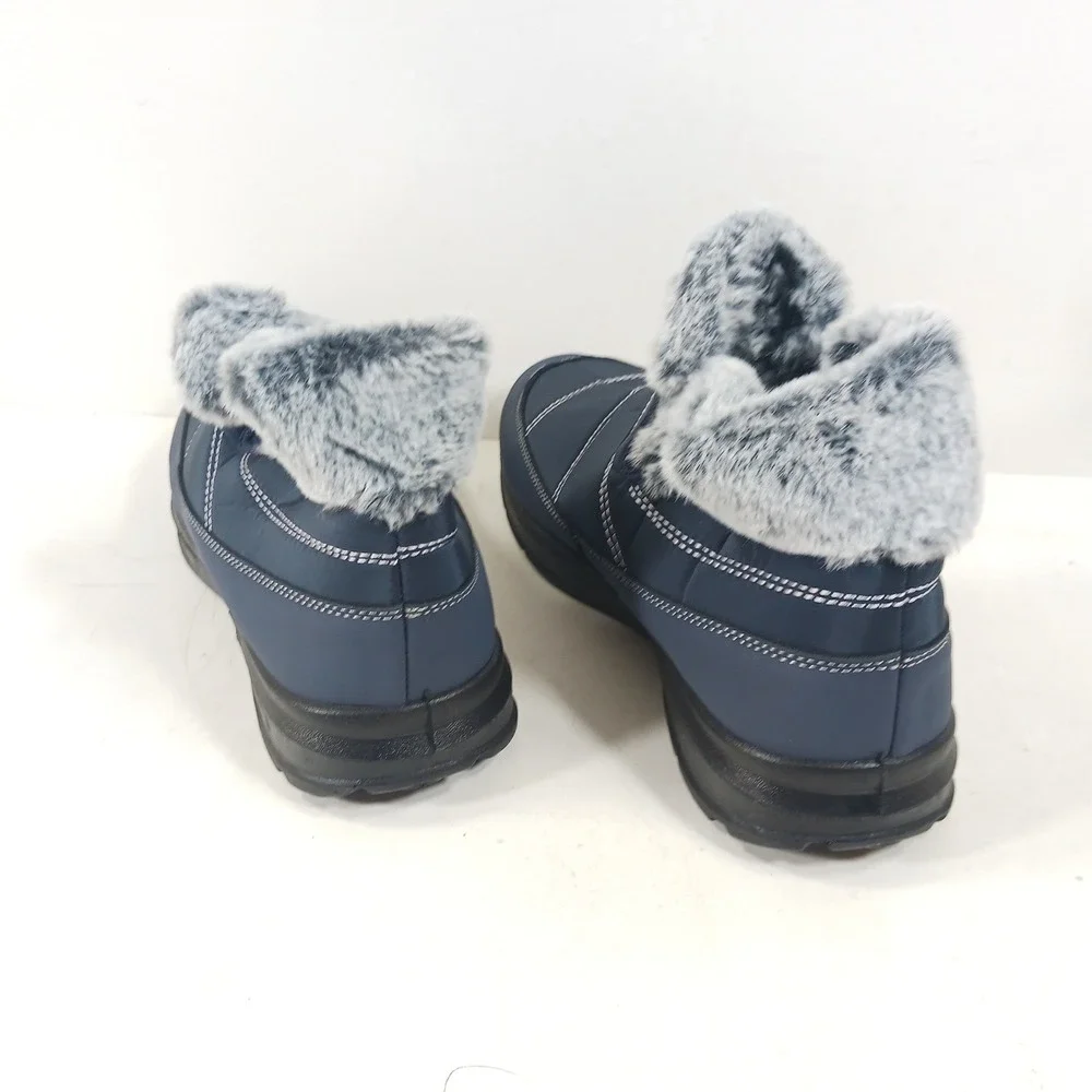 Navy Blue Quilted Faux Fur Lined Winter Ankle Boots Slip On Snow‎ Boots